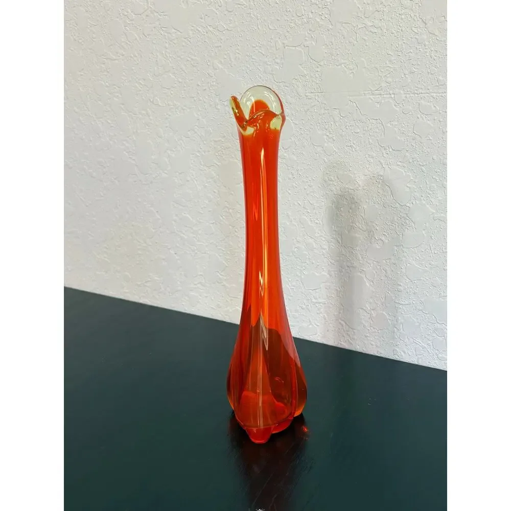 Vintage MCM Vikcing Glass Orange Persimmon Color- Swung Bud Vase- 10
